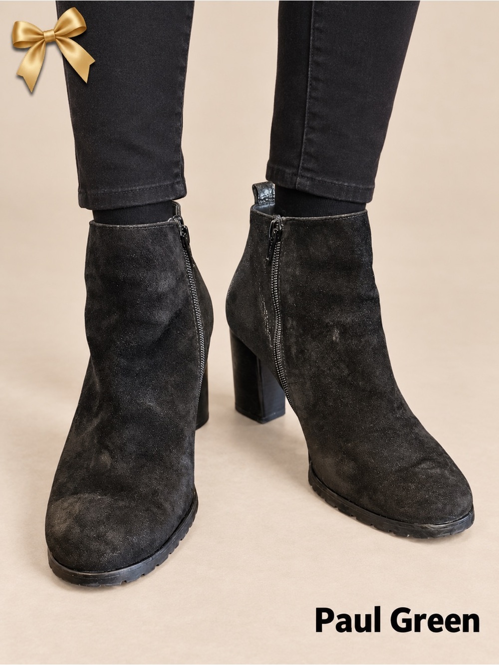Paul Green Black Suede Metallic Leather Block Heel Ankle Boots 7.5